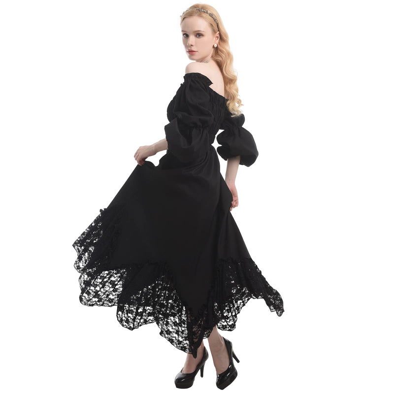 NSPSTT Renaissance Costume Dress Women Medieval Lantern Sleeve Maxi Dress, Lace Black XXL/3XL - Image 2